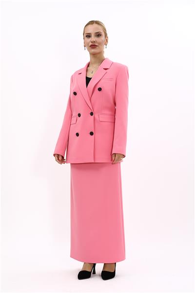 Erkek Yaka Kuruvaze Blazer Ceket & Uzun Düz Dar Etek-Pembe