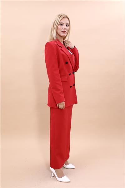 Erkek Yaka Kuruvaze Blazer Ceket & Uzun Düz Dar Etek-Kırmızı