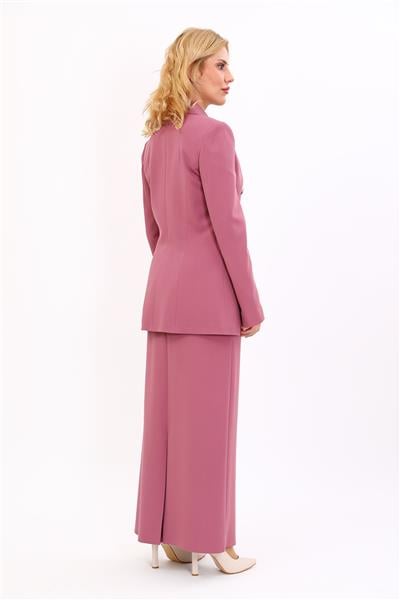 Erkek Yaka Kuruvaze Blazer Ceket & Uzun Düz Dar Etek-Rose