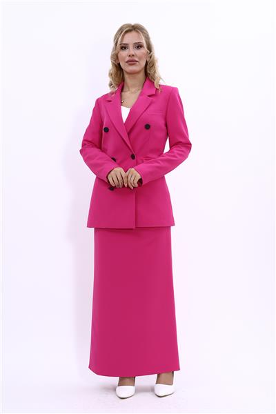 Erkek Yaka Kuruvaze Blazer Ceket & Uzun Düz Dar Etek-Fuşya