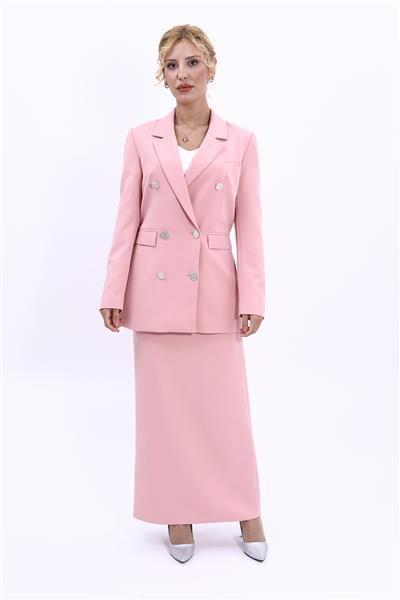 Erkek Yaka Kuruvaze Blazer Ceket & Uzun Düz Dar Etek-Pudra