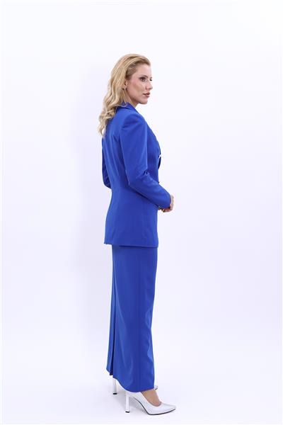 Erkek Yaka Kuruvaze Blazer Ceket & Uzun Düz Dar Etek-Saks