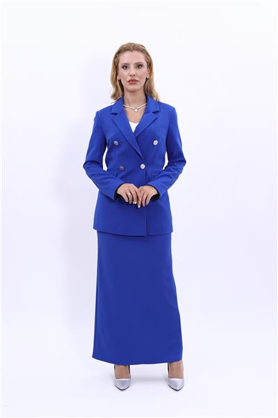 Erkek Yaka Kuruvaze Blazer Ceket & Uzun Düz Dar Etek-Saks