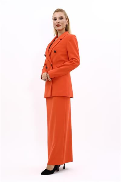 Erkek Yaka Kuruvaze Blazer Ceket & Uzun Düz Dar Etek-Turuncu