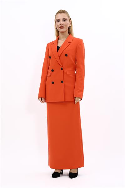 Erkek Yaka Kuruvaze Blazer Ceket & Uzun Düz Dar Etek-Turuncu