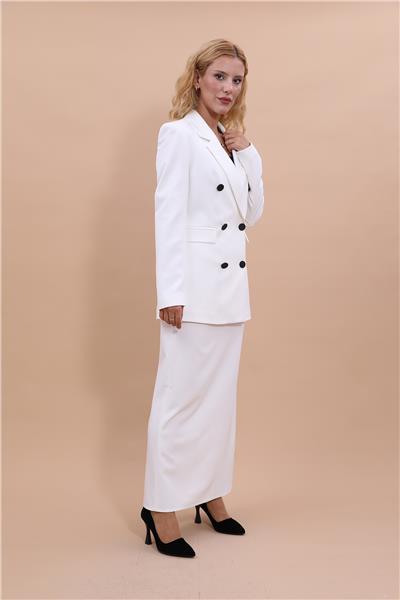 Erkek Yaka Kuruvaze Blazer Ceket & Uzun Düz Dar Etek-Beyaz