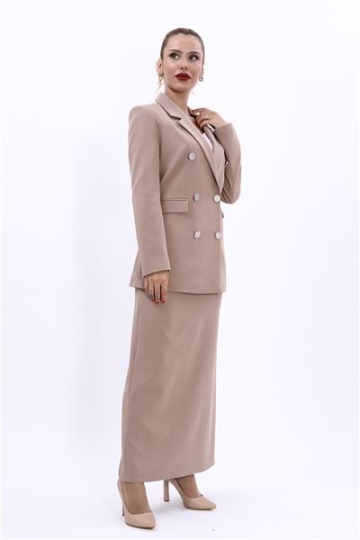 Erkek Yaka Kuruvaze Blazer Ceket & Uzun Düz Dar Etek-Taş