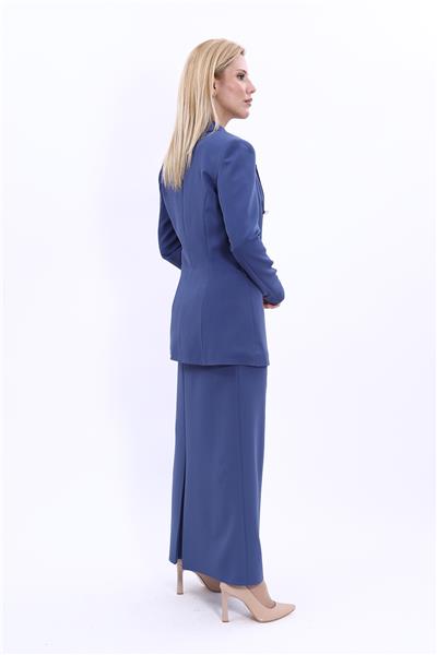 Erkek Yaka Kuruvaze Blazer Ceket & Uzun Düz Dar Etek-İndigo