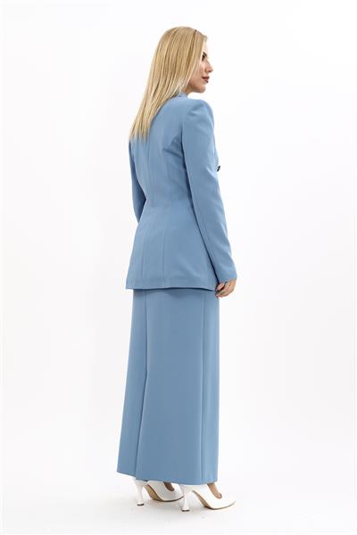 Erkek Yaka Kuruvaze Blazer Ceket & Uzun Düz Dar Etek-Deniz