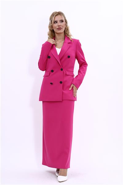 Erkek Yaka Kuruvaze Blazer Ceket & Uzun Düz Dar Etek-Fuşya