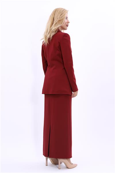 Erkek Yaka Kuruvaze Blazer Ceket & Uzun Düz Dar Etek-Bordo
