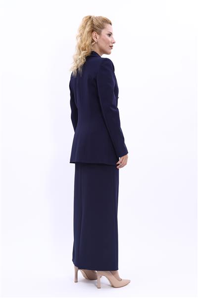 Erkek Yaka Kuruvaze Blazer Ceket & Uzun Düz Dar Etek-Lacivert