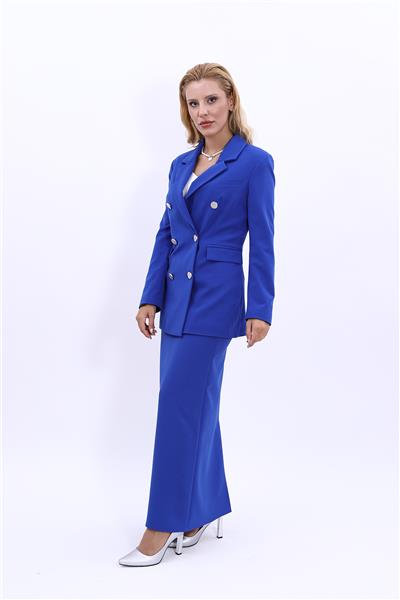 Erkek Yaka Kuruvaze Blazer Ceket & Uzun Düz Dar Etek-Saks