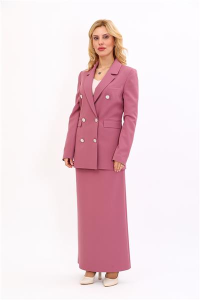 Erkek Yaka Kuruvaze Blazer Ceket & Uzun Düz Dar Etek-Rose