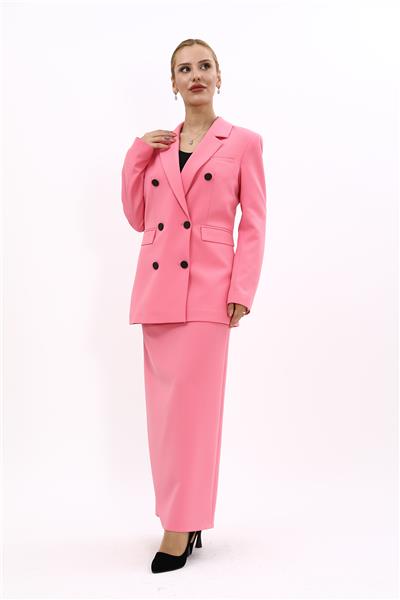 Erkek Yaka Kuruvaze Blazer Ceket & Uzun Düz Dar Etek-Pembe