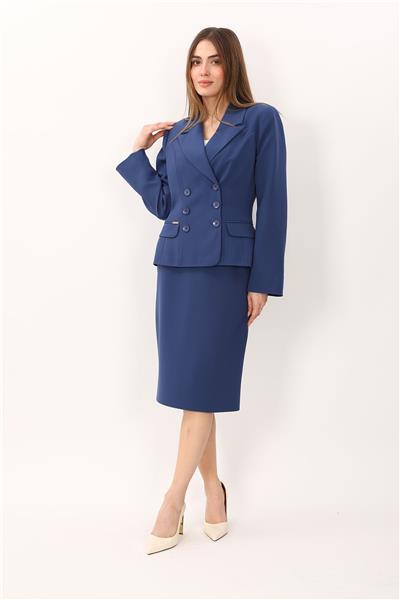 Erkek Yaka Kuruvaze Çift Kuplu Ceket & Düz Dar Etek-İndigo