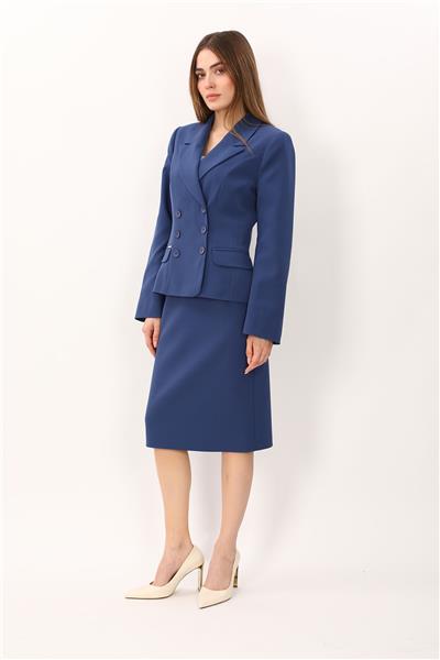 Erkek Yaka Kuruvaze Çift Kuplu Ceket & Düz Dar Etek-İndigo