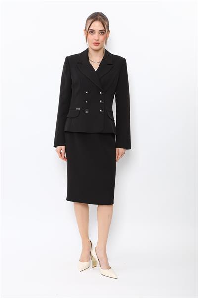 Erkek Yaka Kuruvaze Çift Kuplu Ceket & Düz Dar Etek-Siyah