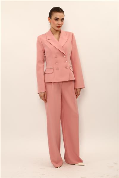 Erkek Yaka Kuruvaze Düğmeli Ceket & Cepli Klasik Palazzo Kadın Pantolon-Pudra