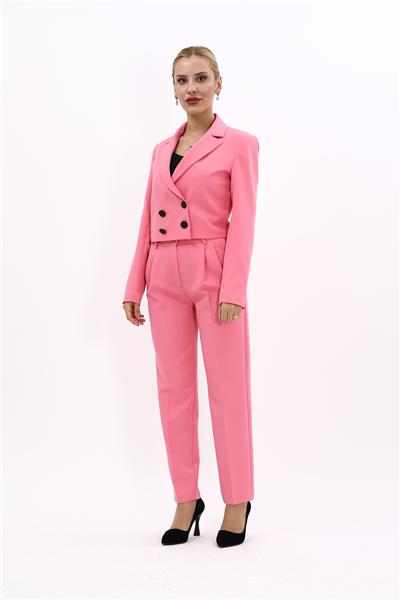 Erkek Yaka Kuruvaze Kısa Ceket & Kemerli Köprülü Dar Paça Pantolon-Pembe