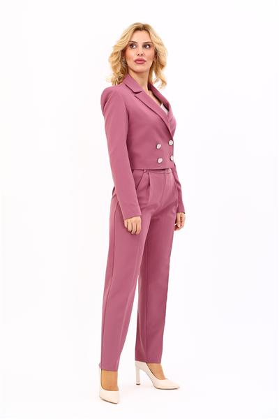 Erkek Yaka Kuruvaze Kısa Ceket & Kemerli Köprülü Dar Paça Pantolon-Rose