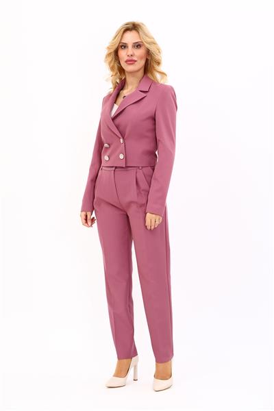 Erkek Yaka Kuruvaze Kısa Ceket & Kemerli Köprülü Dar Paça Pantolon-Rose
