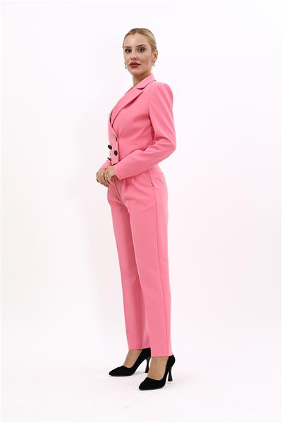 Erkek Yaka Kuruvaze Kısa Ceket & Kemerli Köprülü Dar Paça Pantolon-Pembe