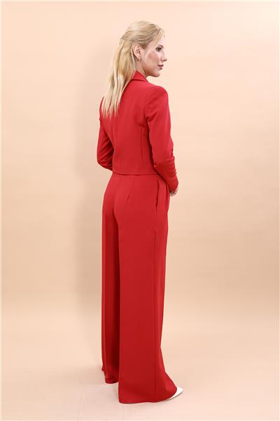 Erkek Yaka Kuruvaze Kısa Ceket & Korsaj Kemer Yüksek Bel Palazzo Pantolon-Kırmızı