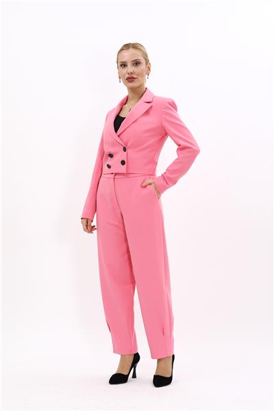Erkek Yaka Kuruvaze Kısa Ceket & Paçası Pileli Pantolon-Pembe