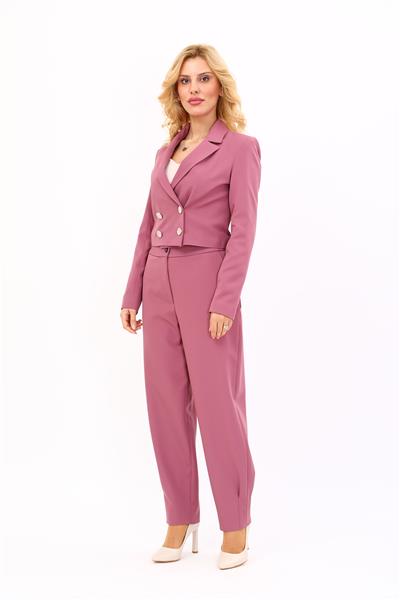 Erkek Yaka Kuruvaze Kısa Ceket & Paçası Pileli Pantolon-Rose