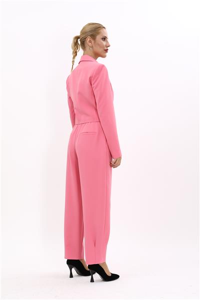 Erkek Yaka Kuruvaze Kısa Ceket & Paçası Pileli Pantolon-Pembe