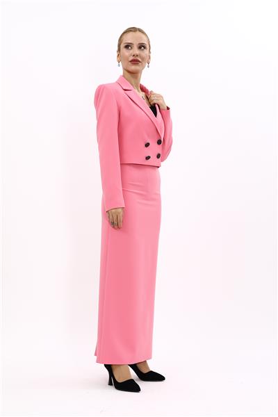 Erkek Yaka Kuruvaze Kısa Ceket & Uzun Düz Dar Etek-Pembe