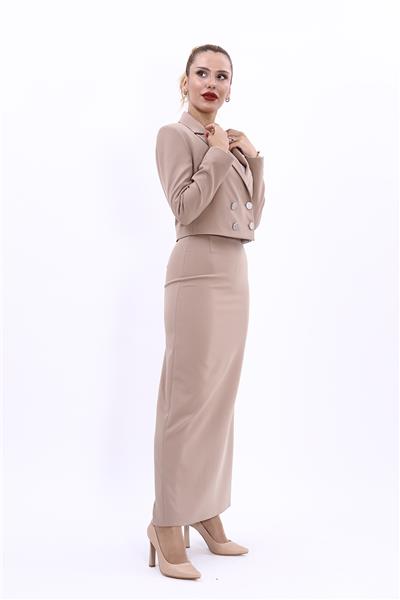 Erkek Yaka Kuruvaze Kısa Ceket & Uzun Düz Dar Etek-Taş