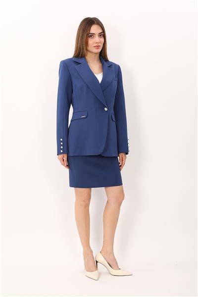 Erkek Yaka Kuruvaze Tek Düğmeli Ceket & Yırtmaçlı Düz Dar Etek-İndigo