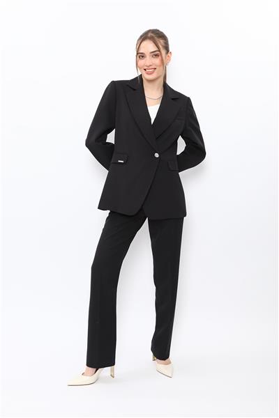 Erkek Yaka Kuruvaze Tek Düğmeli Ceket & Kemerli Boru Paça Pantolon-Siyah