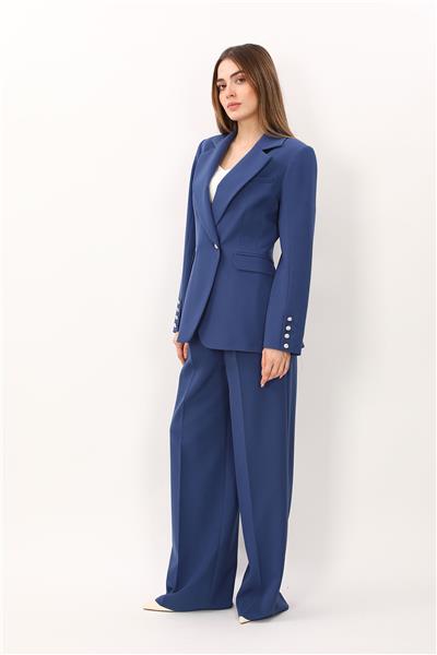 Erkek Yaka Kuruvaze Tek Düğmeli Ceket & Korsaj Kemer Palazzo Pantolon-İndigo