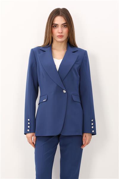 Erkek Yaka Kuruvaze Tek Düğmeli Ceket-İndigo