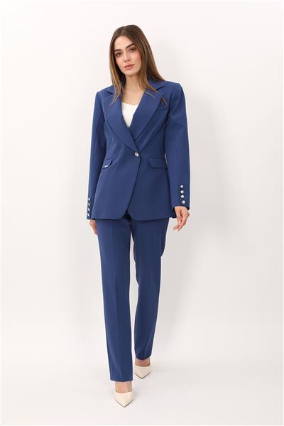 Erkek Yaka Kuruvaze Tek Düğmeli Ceket & Kemerli Boru Paça Pantolon-İndigo