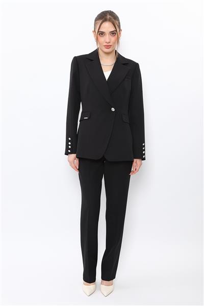 Erkek Yaka Kuruvaze Tek Düğmeli Ceket & Kemerli Boru Paça Pantolon-Siyah