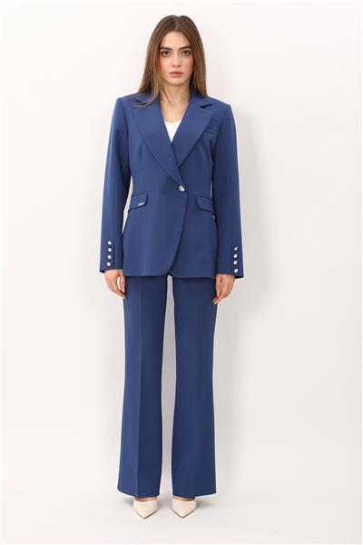 Erkek Yaka Kuruvaze Tek Düğmeli Ceket & Kemerli İspanyol Paça Pantolon-İndigo