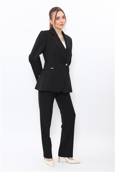 Erkek Yaka Kuruvaze Tek Düğmeli Ceket & Kemerli Boru Paça Pantolon-Siyah