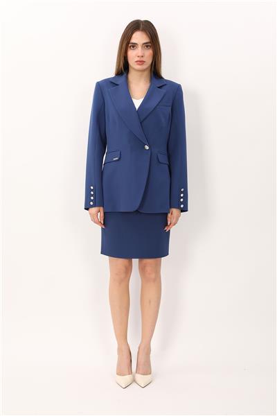 Erkek Yaka Kuruvaze Tek Düğmeli Ceket & Yırtmaçlı Düz Dar Etek-İndigo