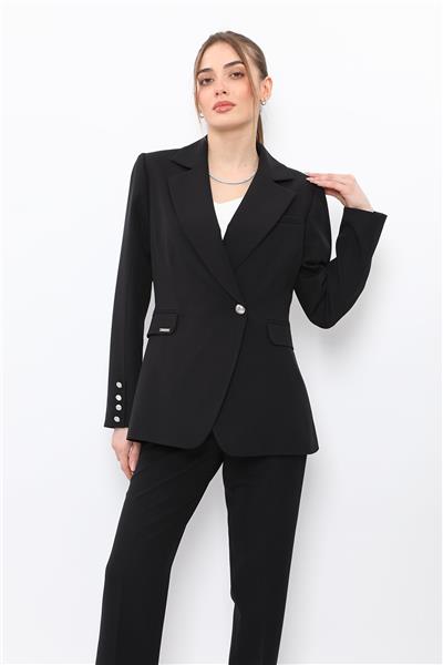 Erkek Yaka Kuruvaze Tek Düğmeli Ceket-Siyah