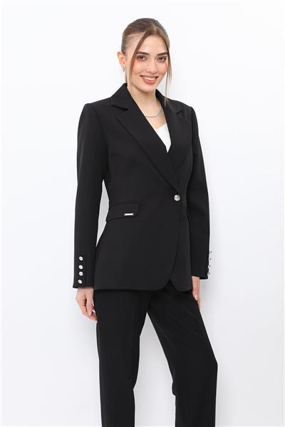 Erkek Yaka Kuruvaze Tek Düğmeli Ceket-Siyah