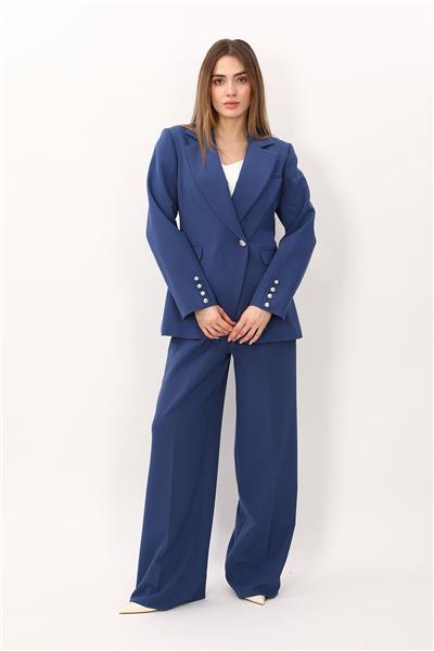 Erkek Yaka Kuruvaze Tek Düğmeli Ceket & Korsaj Kemer Palazzo Pantolon-İndigo