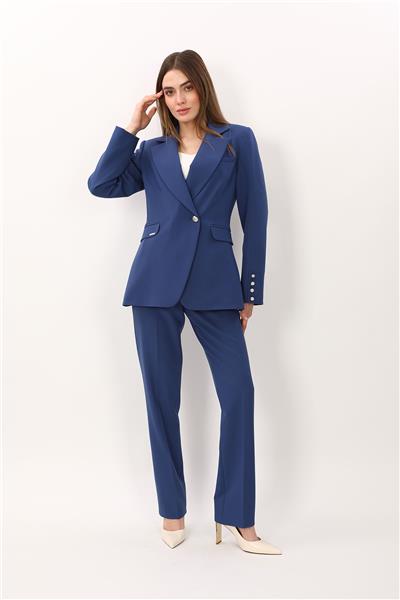 Erkek Yaka Kuruvaze Tek Düğmeli Ceket & Kemerli Boru Paça Pantolon-İndigo