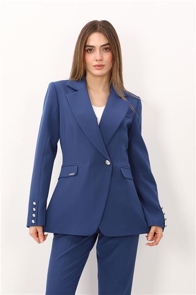 Erkek Yaka Kuruvaze Tek Düğmeli Ceket-İndigo