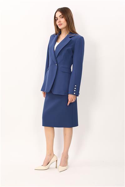 Erkek Yaka Kuruvaze Tek Düğmeli Ceket & Düz Dar Etek-İndigo