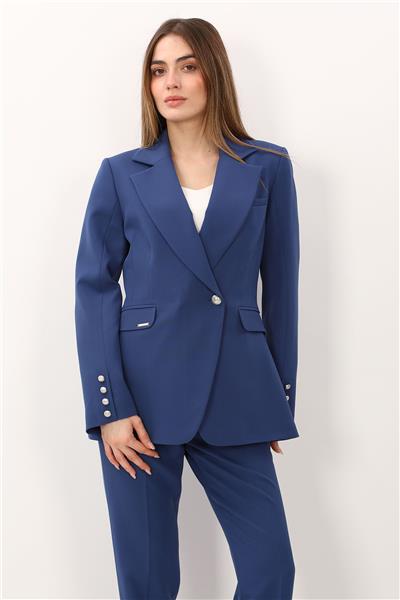 Erkek Yaka Kuruvaze Tek Düğmeli Ceket-İndigo