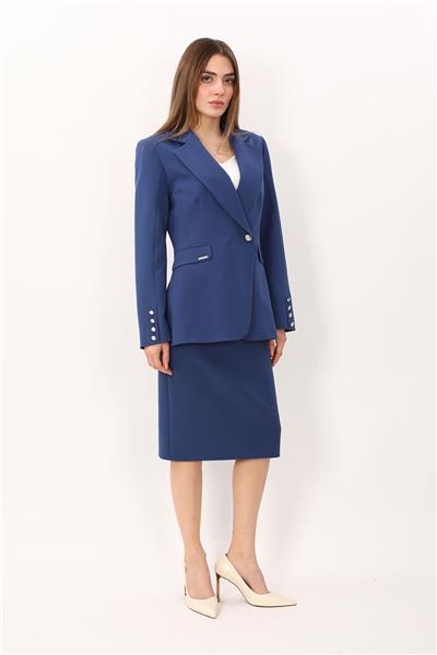 Erkek Yaka Kuruvaze Tek Düğmeli Ceket & Düz Dar Etek-İndigo